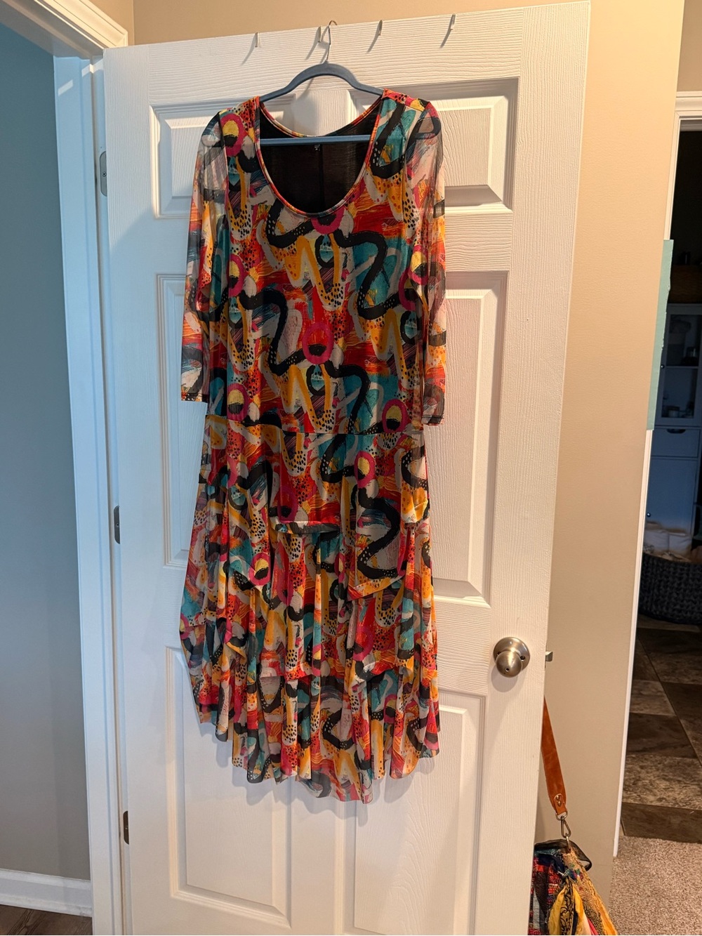 Abstract Multicolor Midi Dress with Scoop Neck